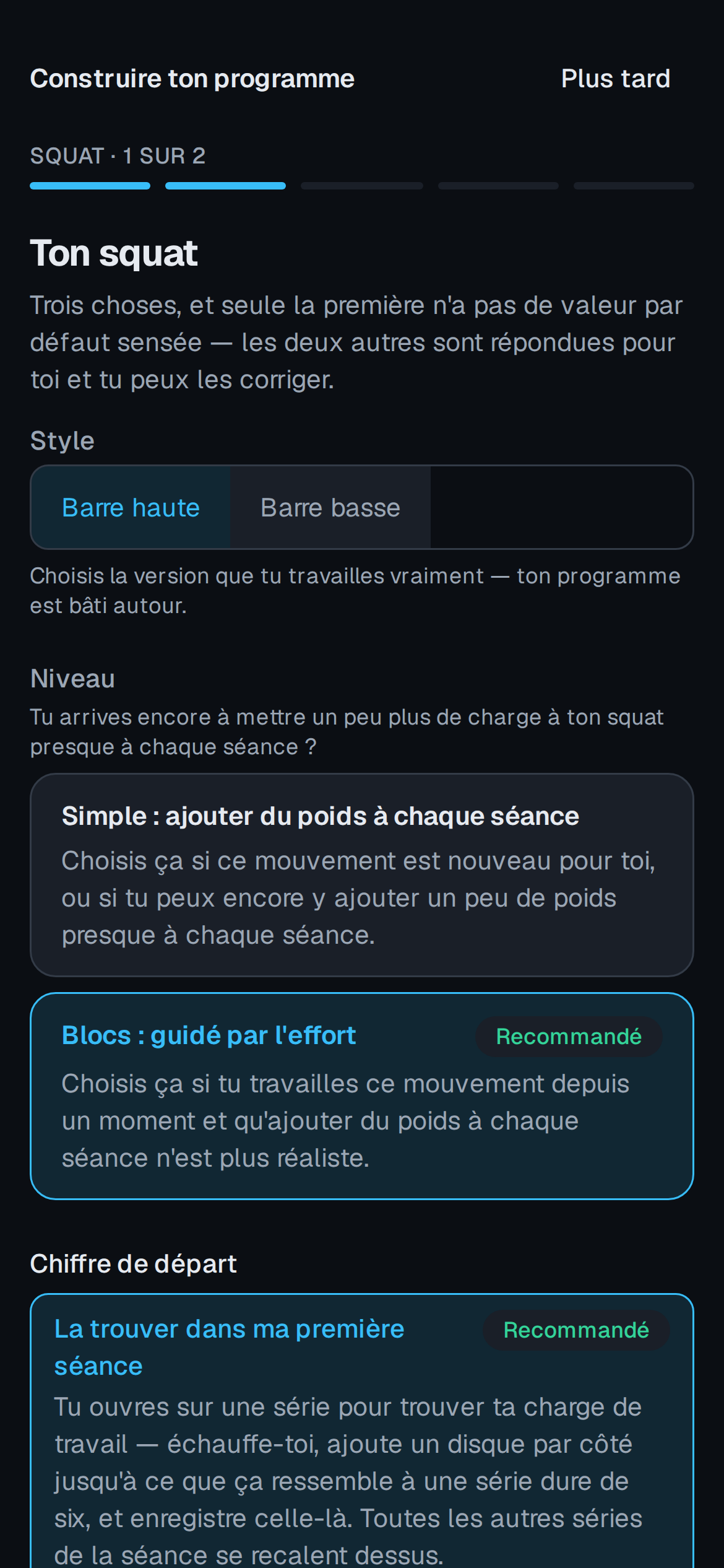 La création d'un programme pour le squat : la position de la barre, le schéma de progression, et ton max.
