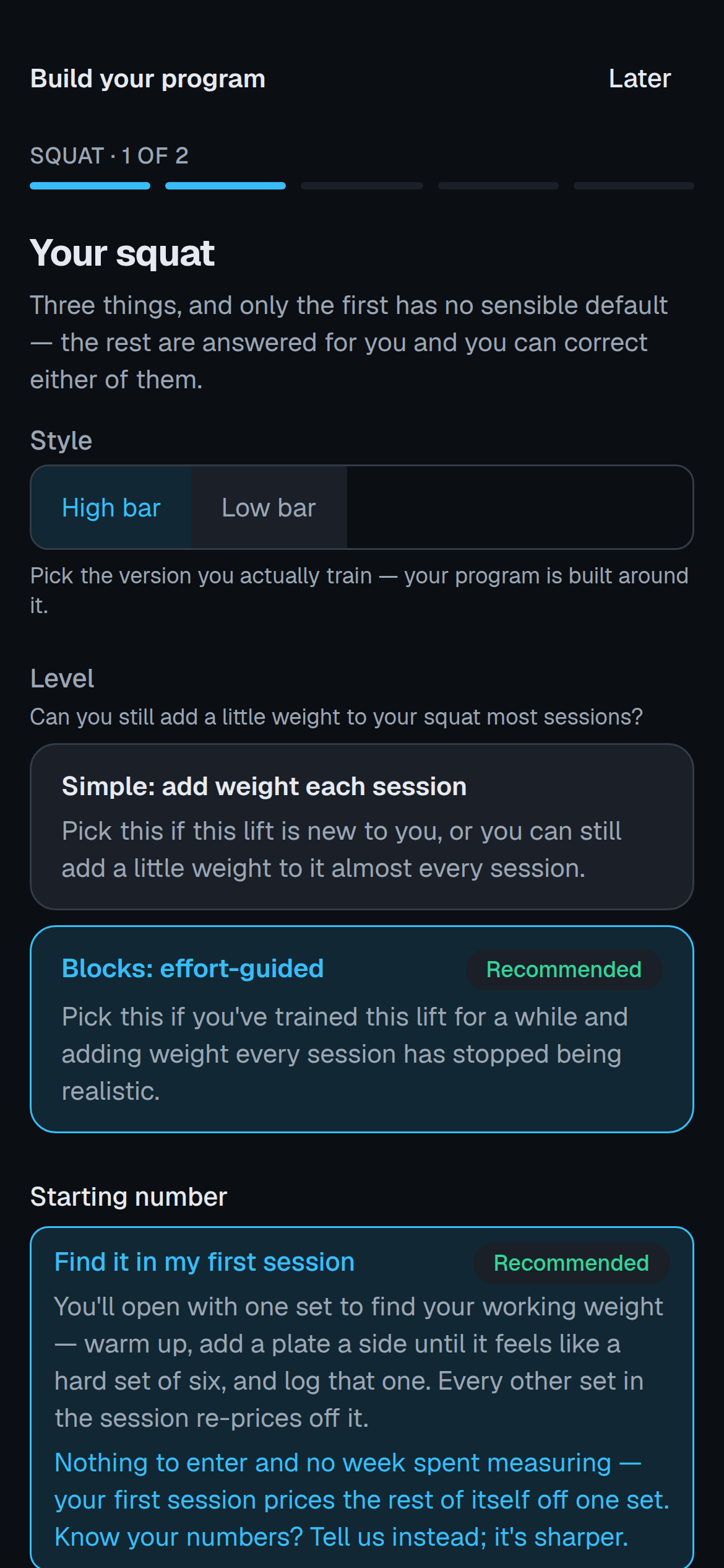 The program wizard's per-lift setup card for the squat: the bar position you train, how the lift should progress, and where its starting number comes from.
