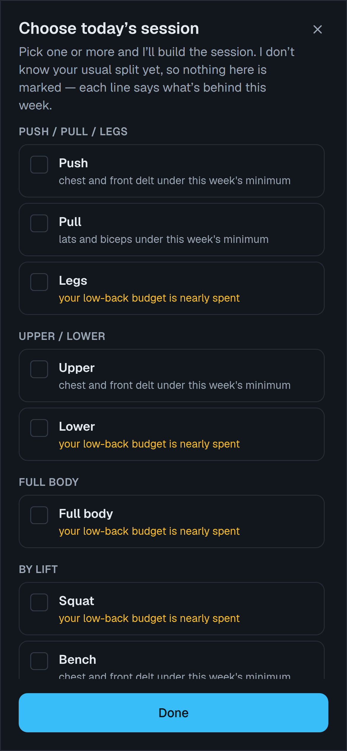 The session picker open on the logger's start screen: every kind of day the coach knows, grouped by push/pull/legs, upper/lower, full body, single lift and muscle group, each with the coach's own line on what that day is short of this week, or what it would run into.