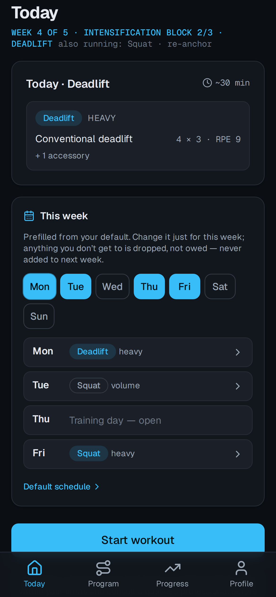 The week schedule card: each training day with the lifts it carries, done days ticked, today highlighted.